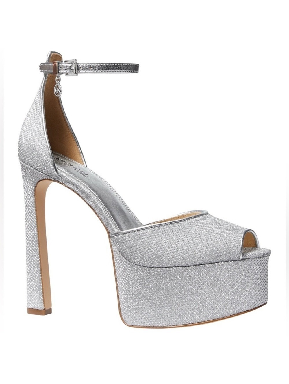 Michael Kors Silver Glitter Platform Stiletto Heel Ankle Strap Peep Toe Size 9.5